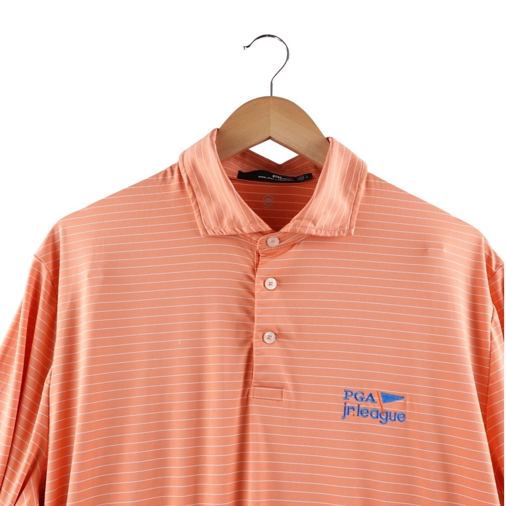 RLX Ralph Lauren PGA Jr League Mens L Orange Striped Polo‎ Shirt Wicking Golf